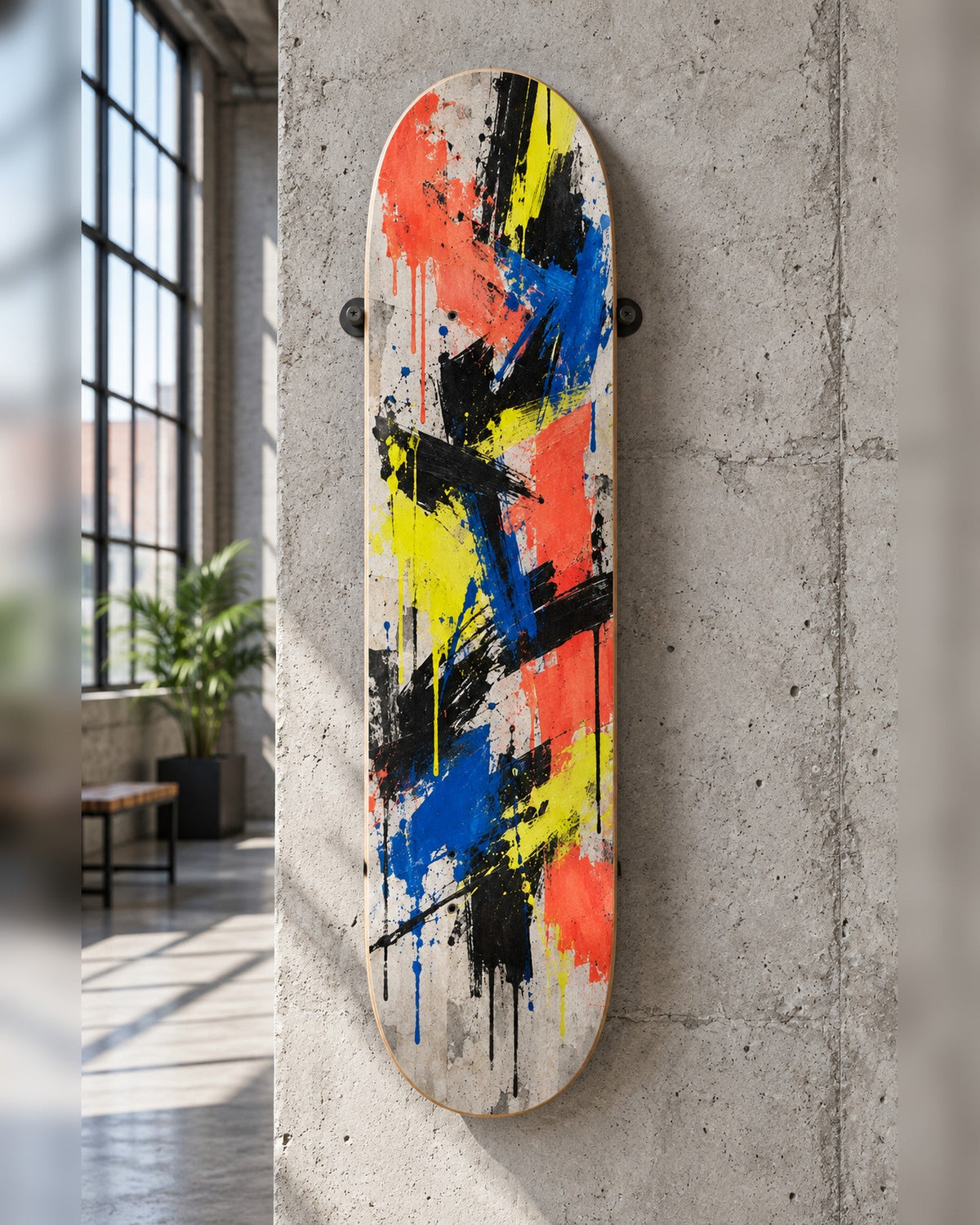 Riot skateboard deck wall art hanging in a room