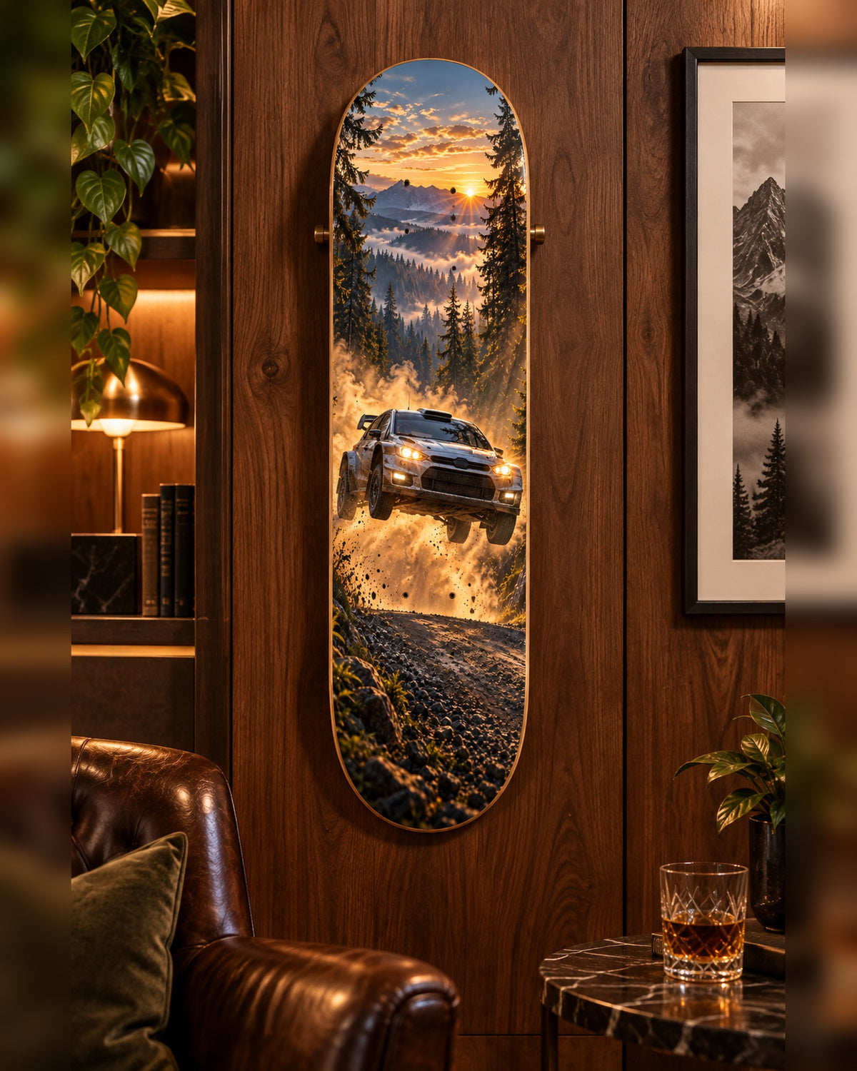 Rally skateboard deck wall art hanging in a room