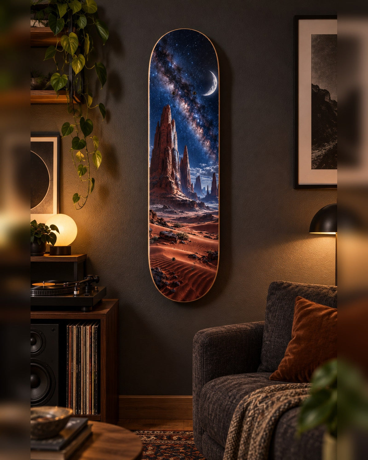 Spires skateboard deck wall art hanging in a room
