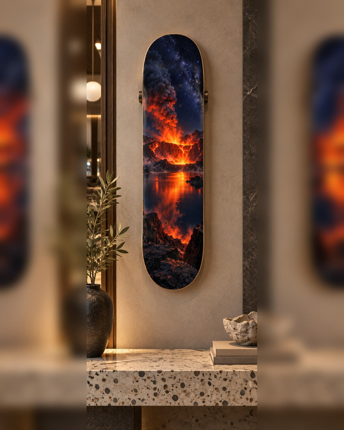 Volcano skateboard deck wall art hanging in a room