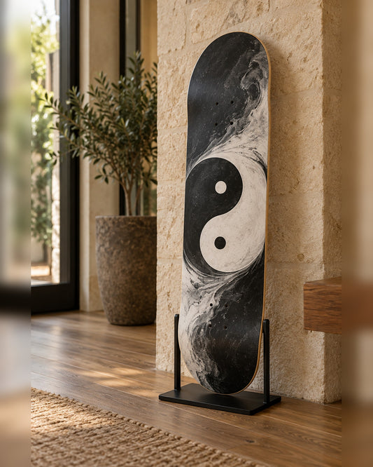 Balance skateboard deck wall art hanging in a room