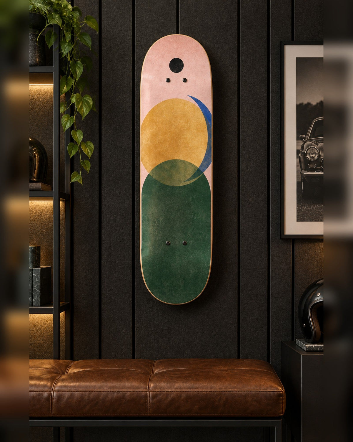 Eclipse skateboard deck wall art hanging in a room