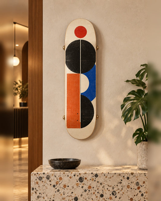 Form skateboard deck wall art hanging in a room
