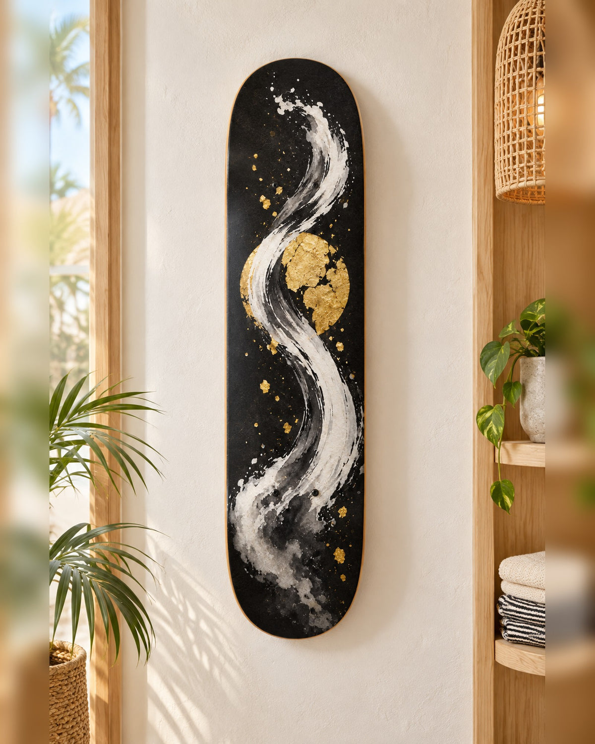 Ink & Gold skateboard deck wall art hanging in a room