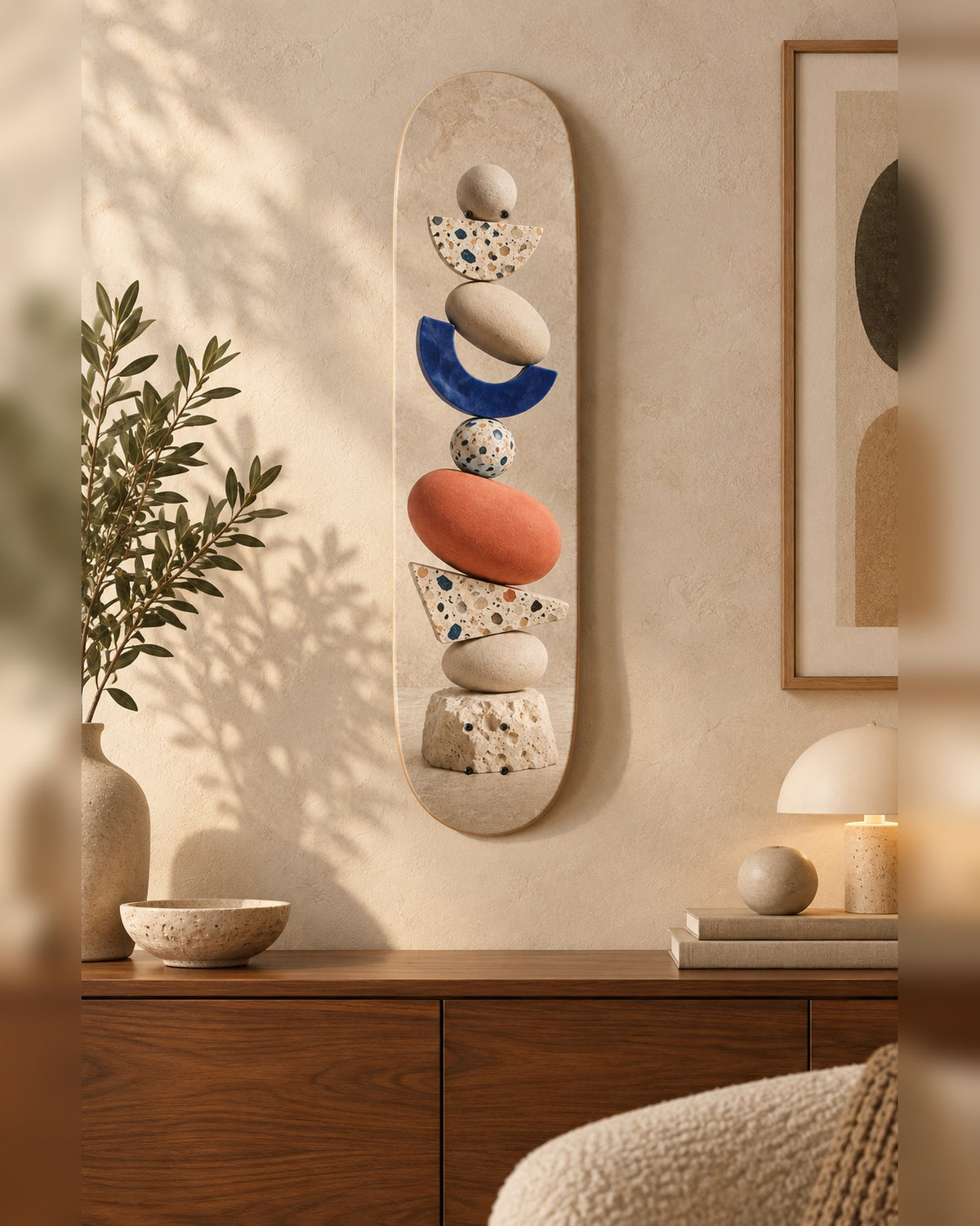 Stack skateboard deck wall art hanging in a room