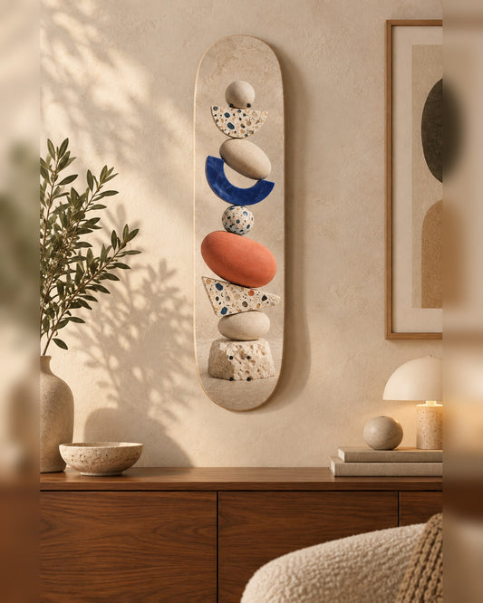 Stack skateboard deck wall art hanging in a room