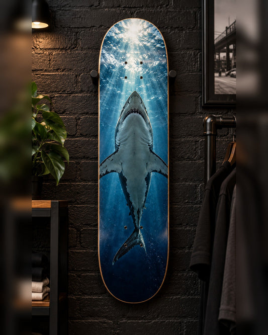 Apex skateboard deck wall art hanging in a room