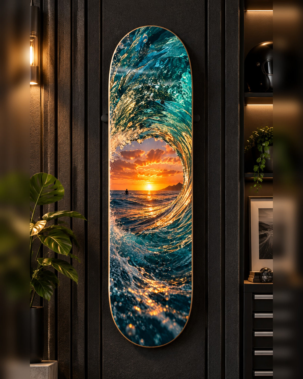 The Barrel skateboard deck wall art hanging in a room