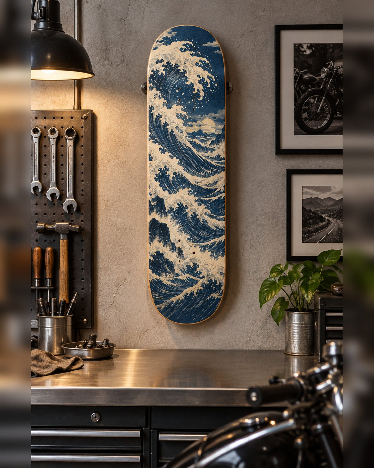 Indigo skateboard deck wall art hanging in a room