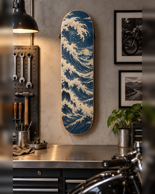 Indigo skateboard deck wall art hanging in a room
