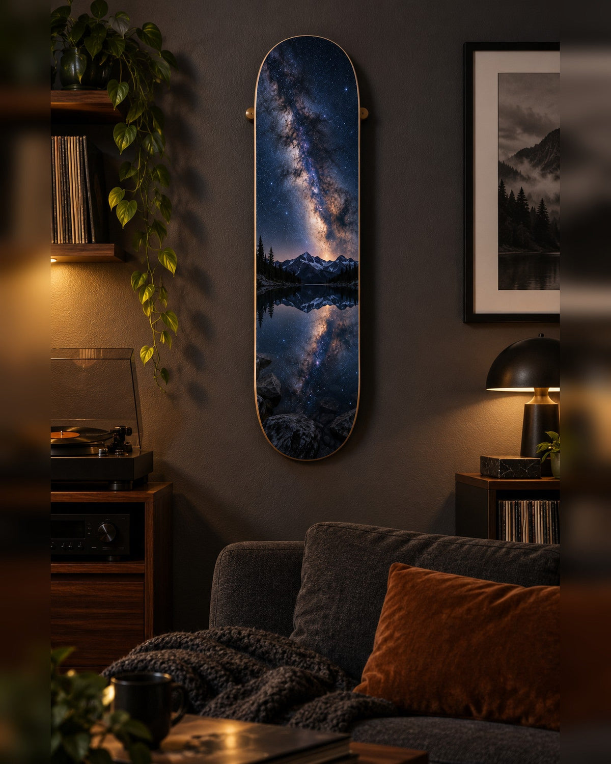 Milky Way skateboard deck wall art hanging in a room