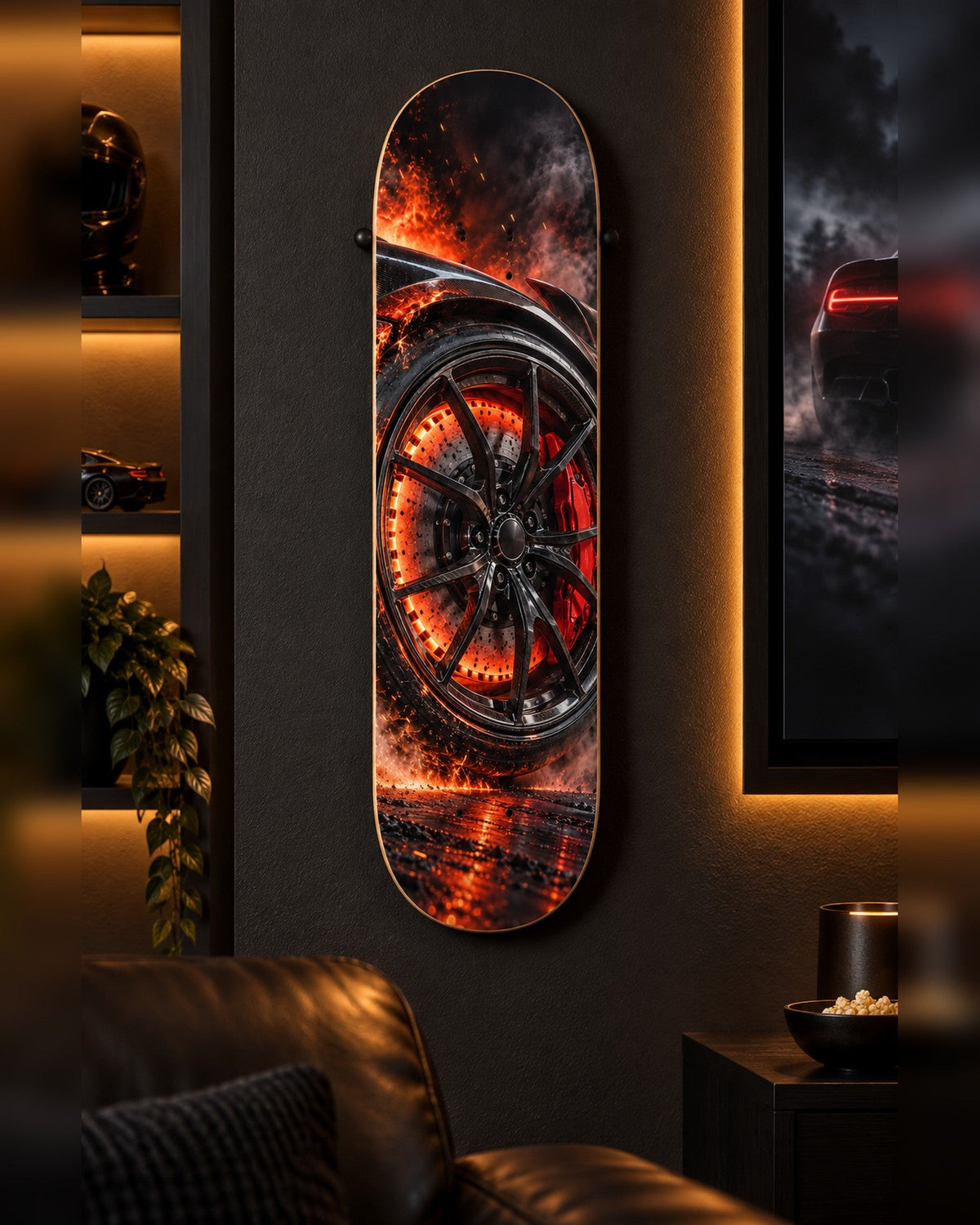 Brake Glow skateboard deck wall art hanging in a room