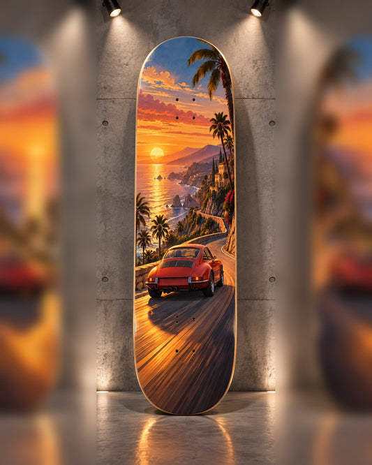 Coast Road skateboard deck wall art hanging in a room