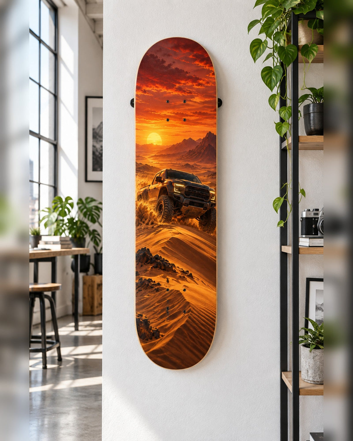 Dune Runner skateboard deck wall art hanging in a room