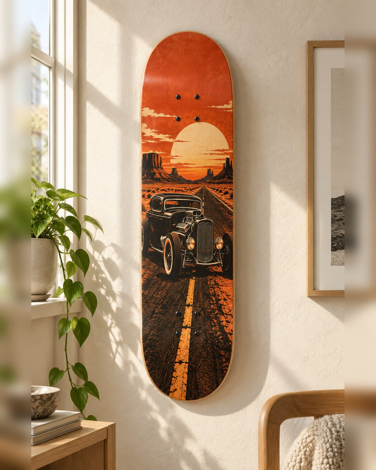 Hot Rod skateboard deck wall art hanging in a room