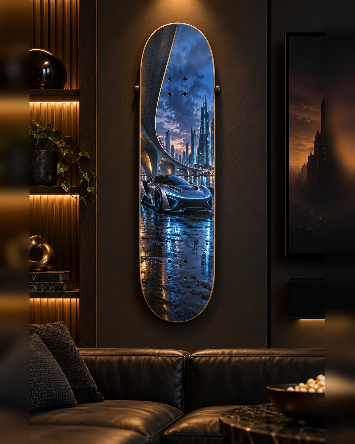 Hypercar skateboard deck wall art hanging in a room