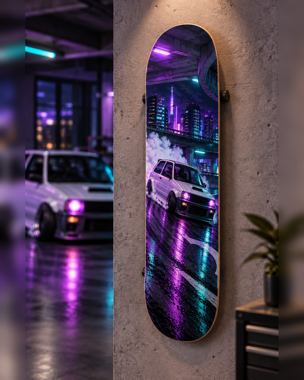 Neon Kei skateboard deck wall art hanging in a room