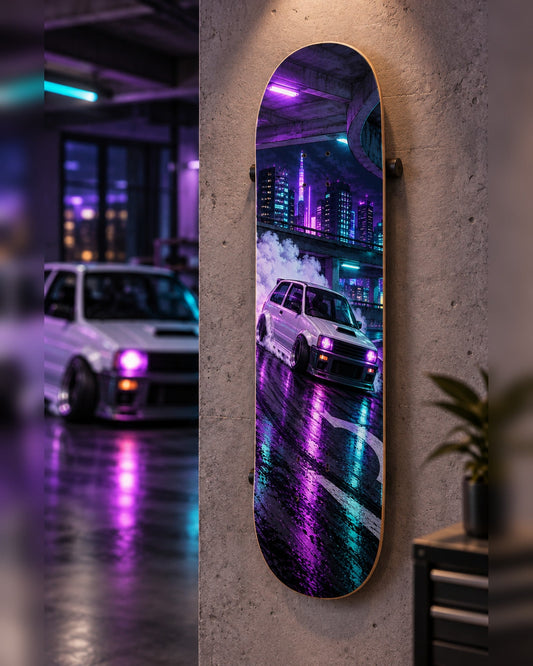Neon Kei skateboard deck wall art hanging in a room
