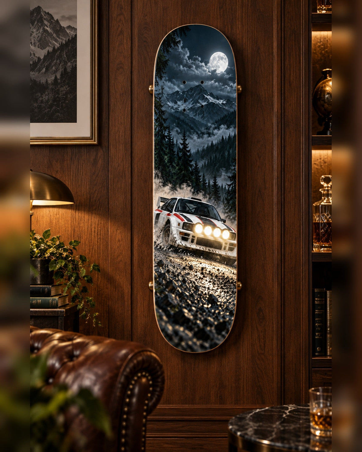 Night Stage skateboard deck wall art hanging in a room