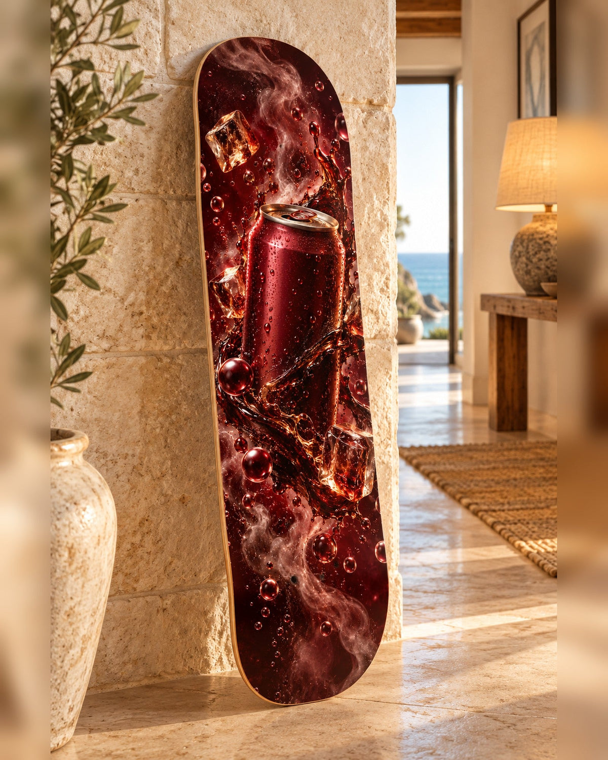 Fizz skateboard deck wall art hanging in a room