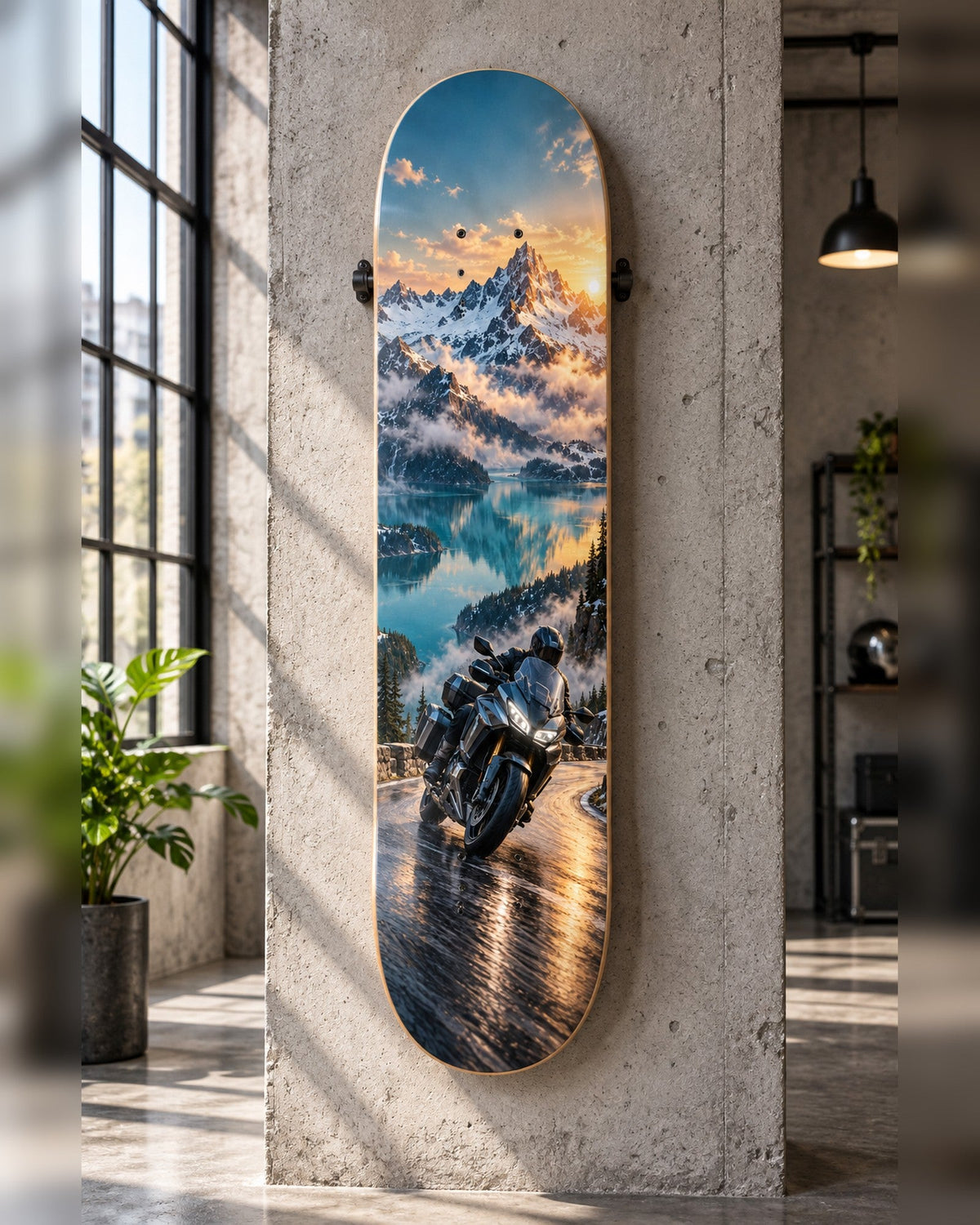 Alpine Pass skateboard deck wall art hanging in a room