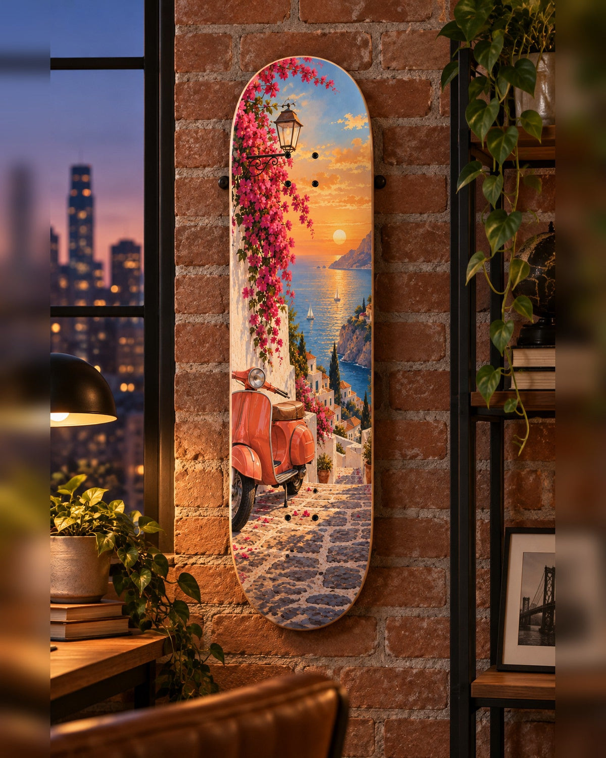 Amalfi skateboard deck wall art hanging in a room