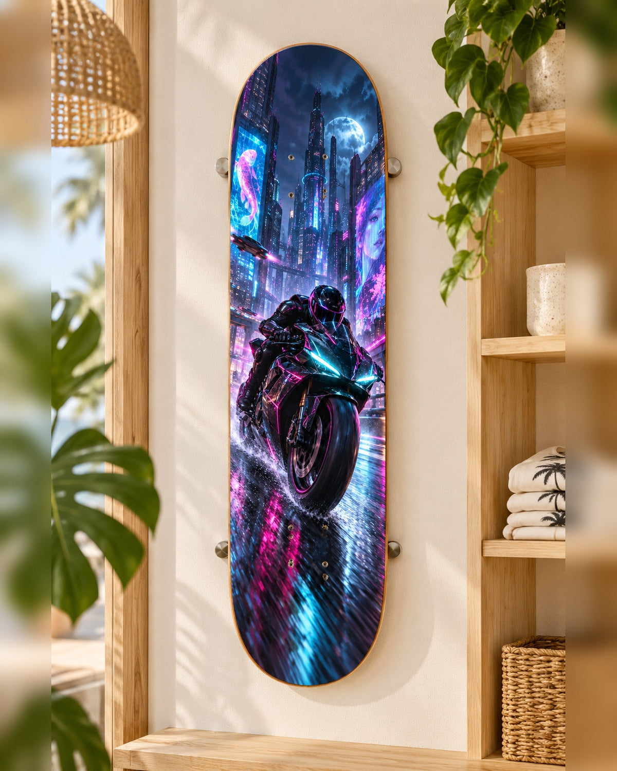 Neon Mile skateboard deck wall art hanging in a room
