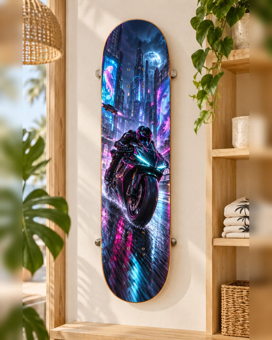 Neon Mile skateboard deck wall art hanging in a room