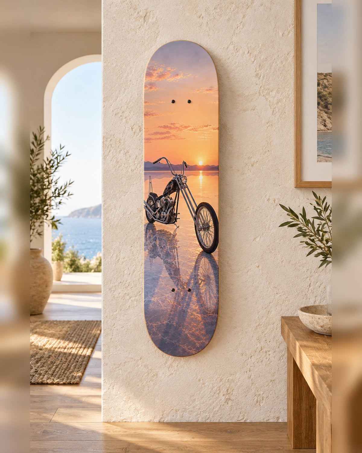 Salt Flats skateboard deck wall art hanging in a room