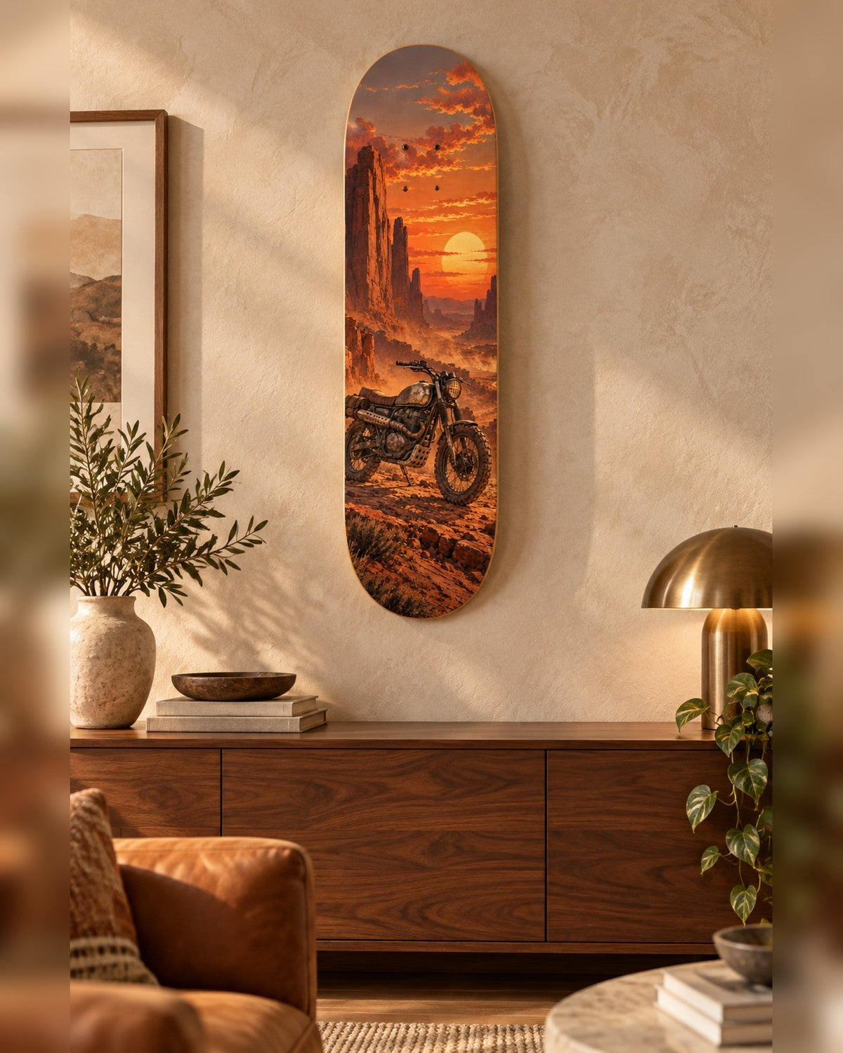 Scrambler skateboard deck wall art hanging in a room