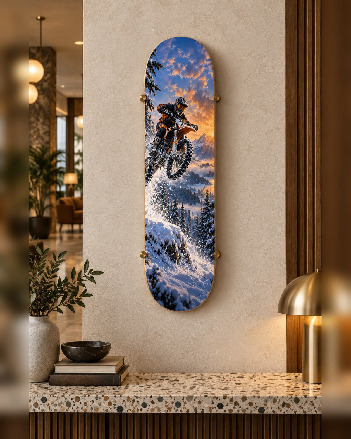 Snow Cross skateboard deck wall art hanging in a room