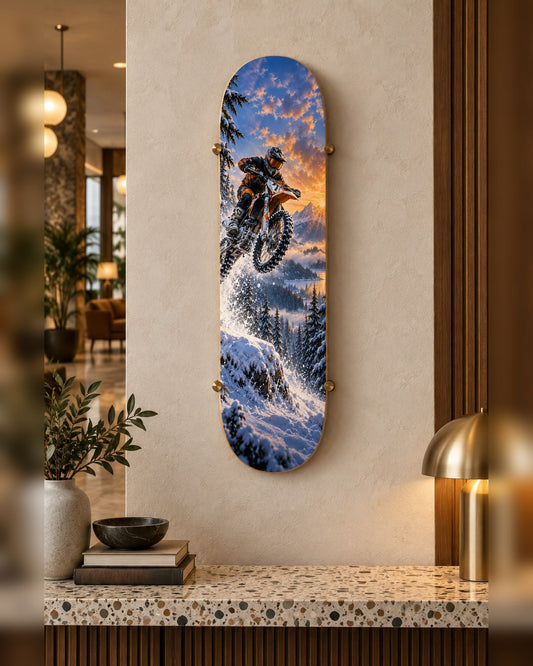 Snow Cross skateboard deck wall art hanging in a room