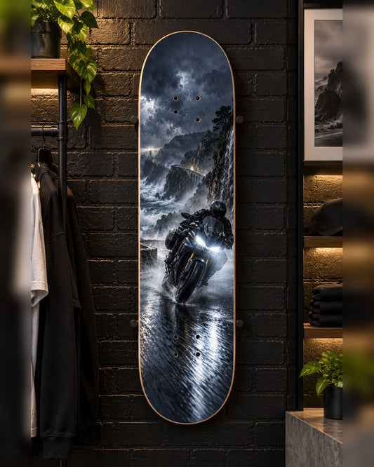 Storm Run skateboard deck wall art hanging in a room