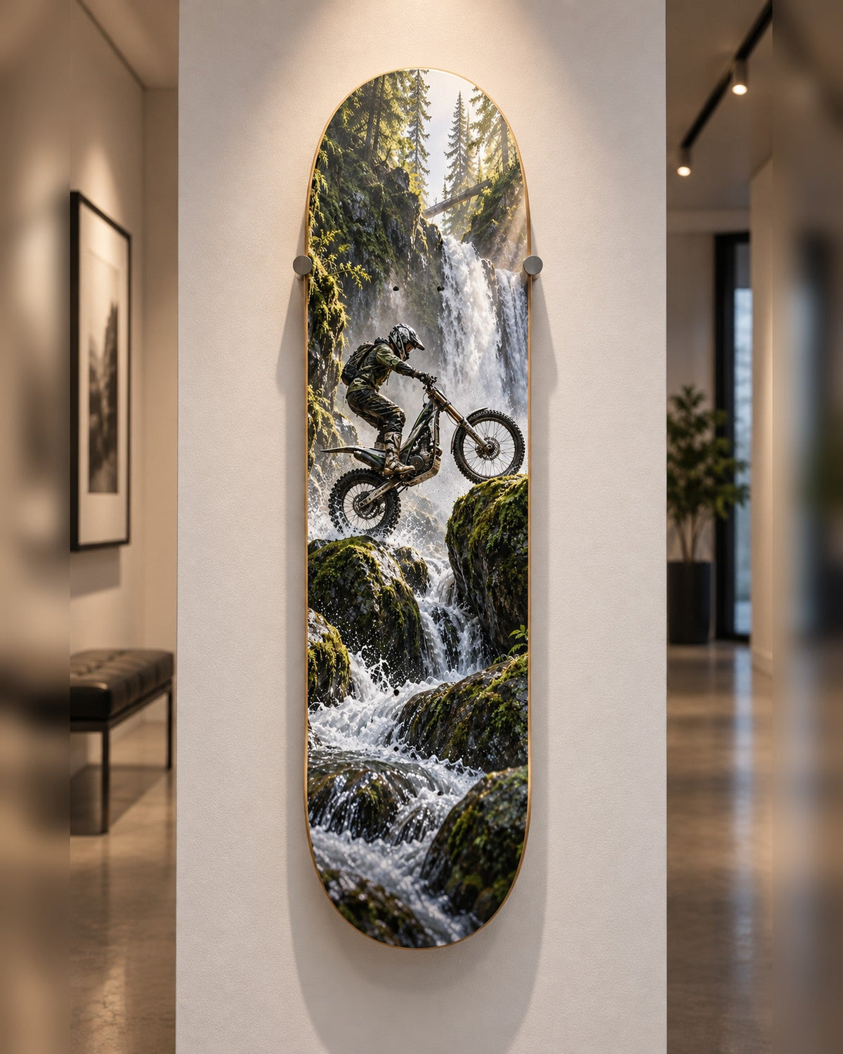 Trials skateboard deck wall art hanging in a room
