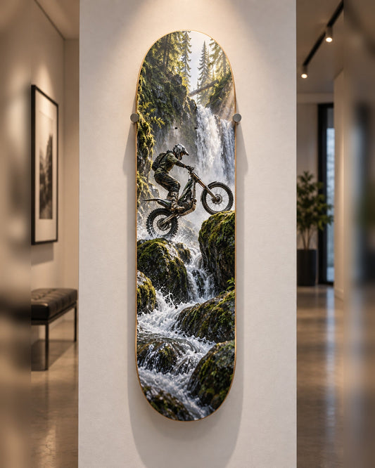 Trials skateboard deck wall art hanging in a room