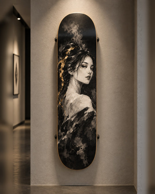 Gilded skateboard deck wall art hanging in a room