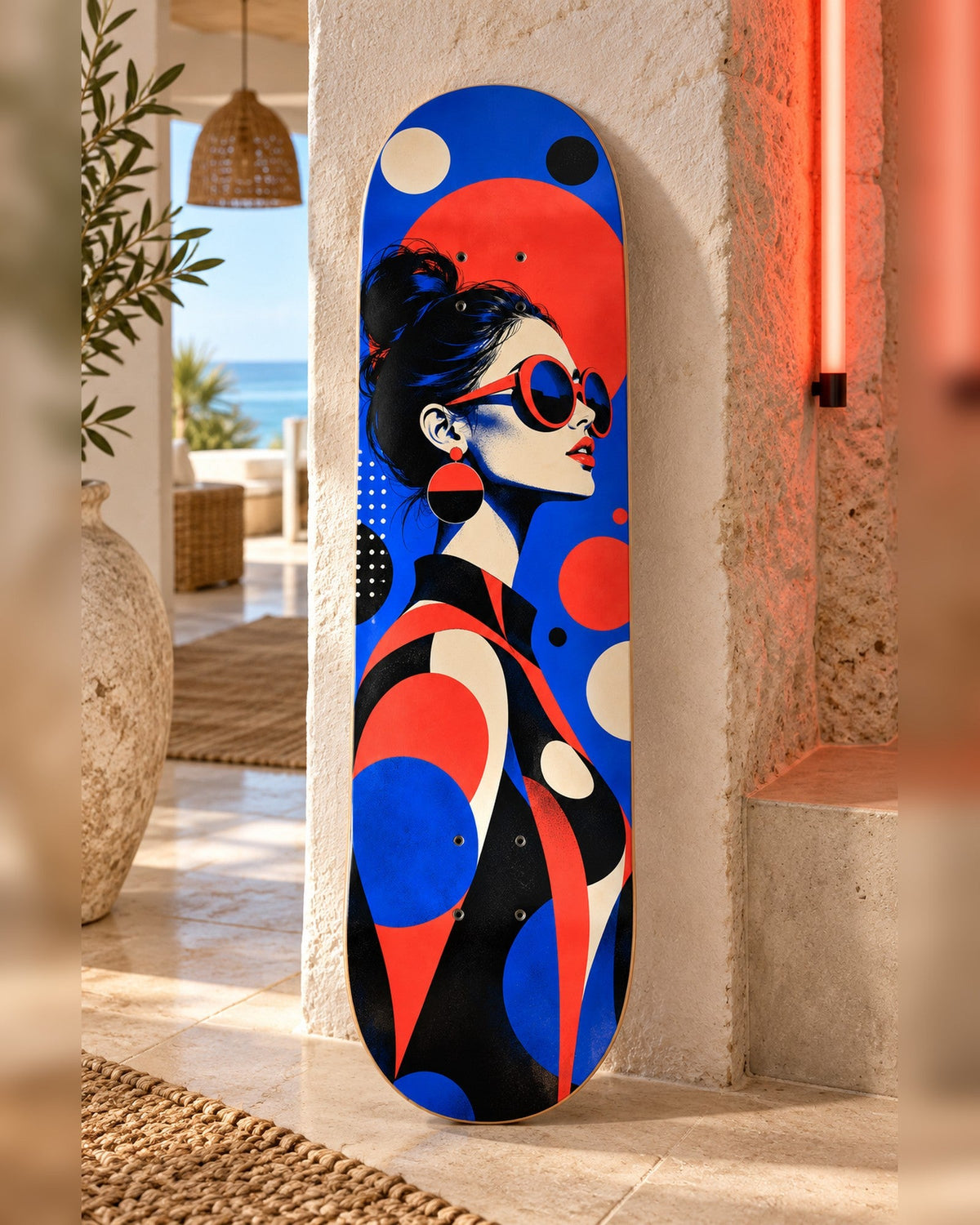 Pop skateboard deck wall art hanging in a room