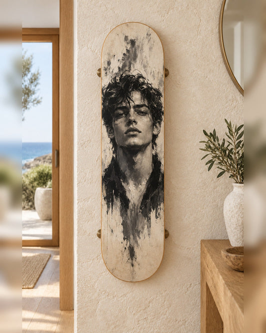 Study skateboard deck wall art hanging in a room
