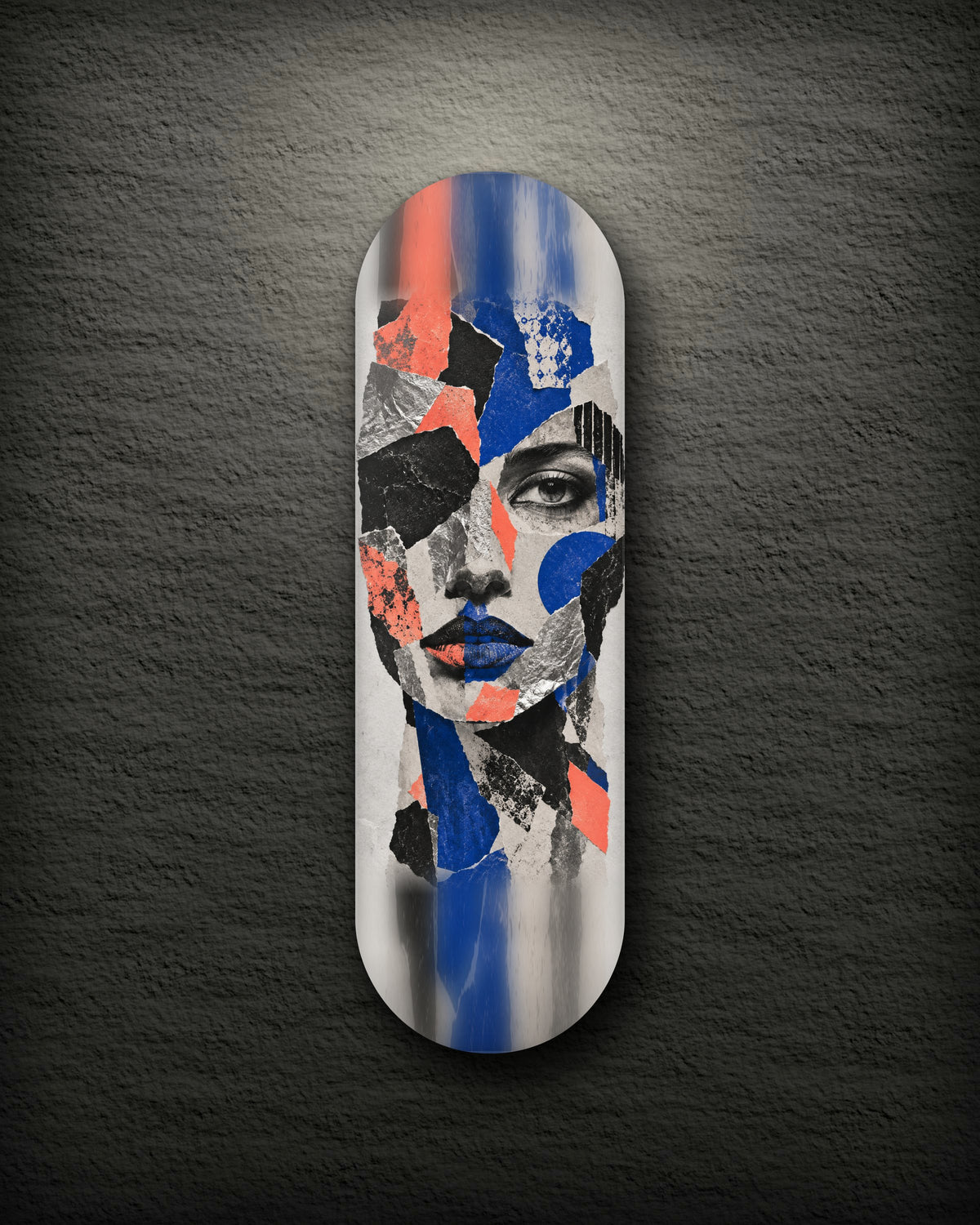 Torn printed skateboard deck