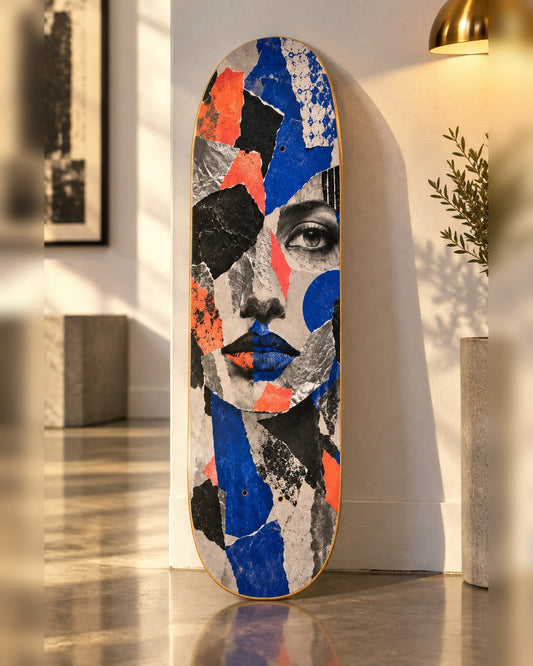 Torn skateboard deck wall art hanging in a room