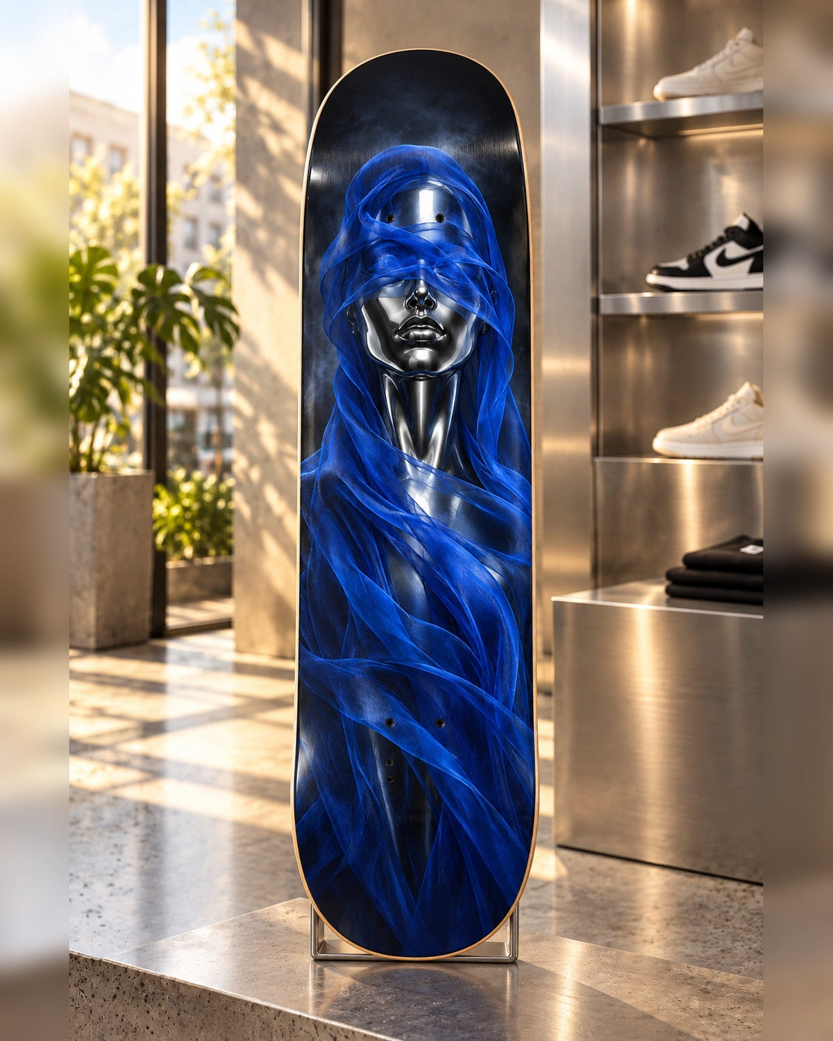 Veil skateboard deck wall art hanging in a room