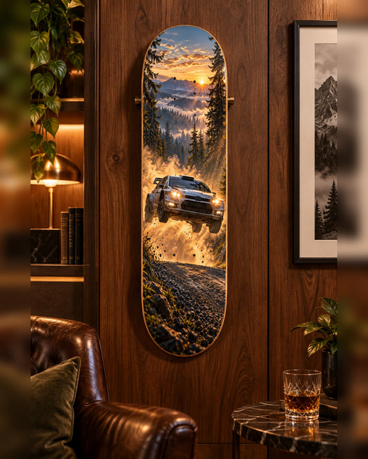 Rally skateboard deck wall art hanging in a room