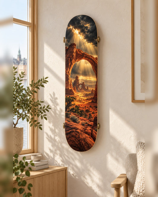 The Arch skateboard deck wall art hanging in a room