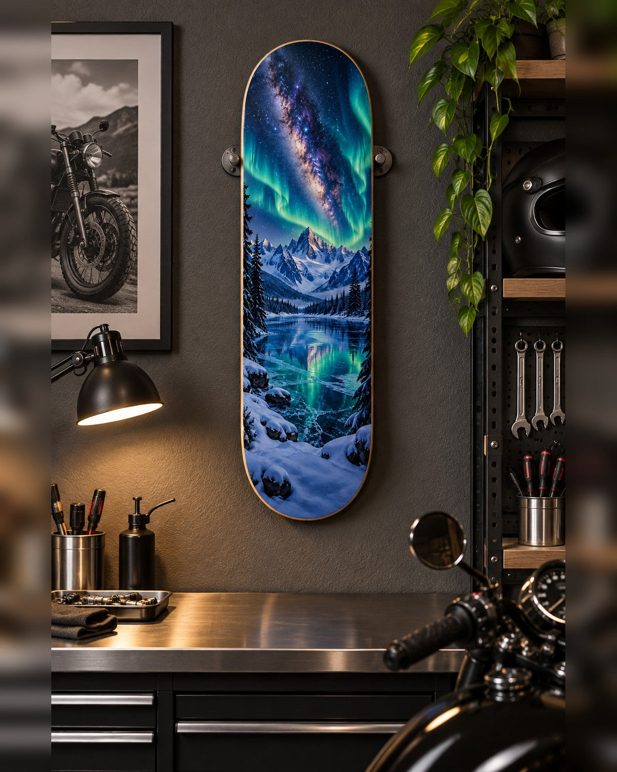 Aurora skateboard deck wall art hanging in a room