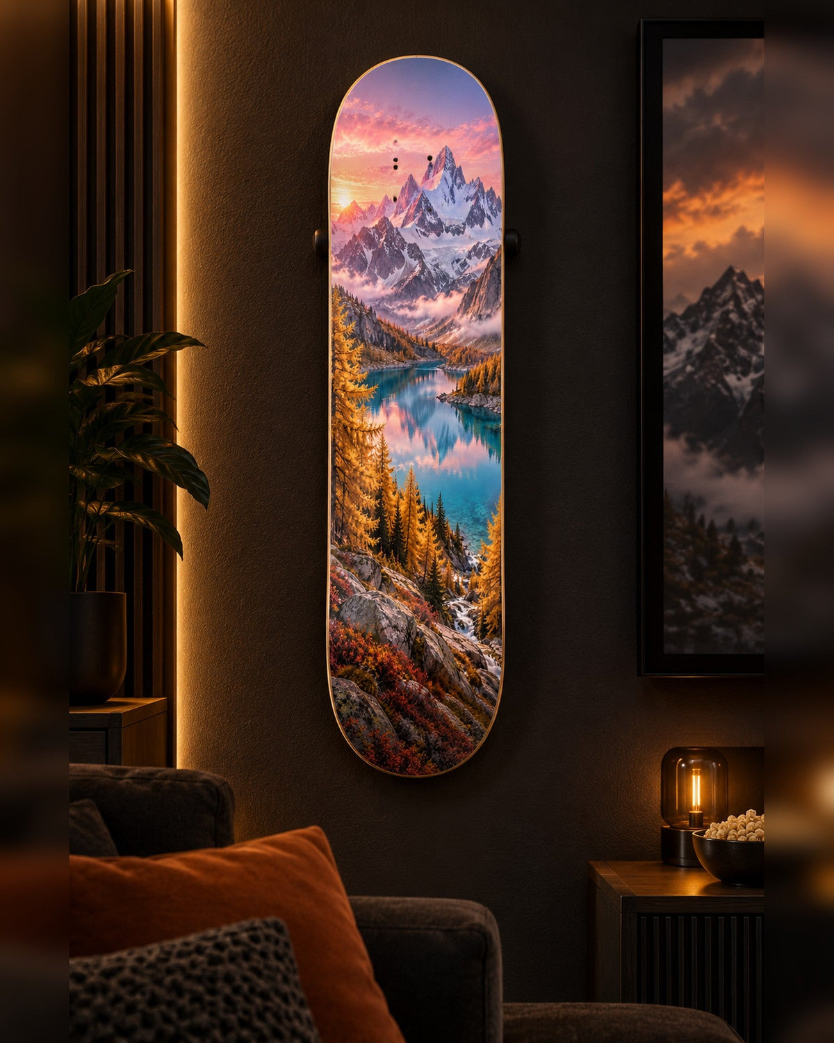 Autumn Lake skateboard deck wall art hanging in a room