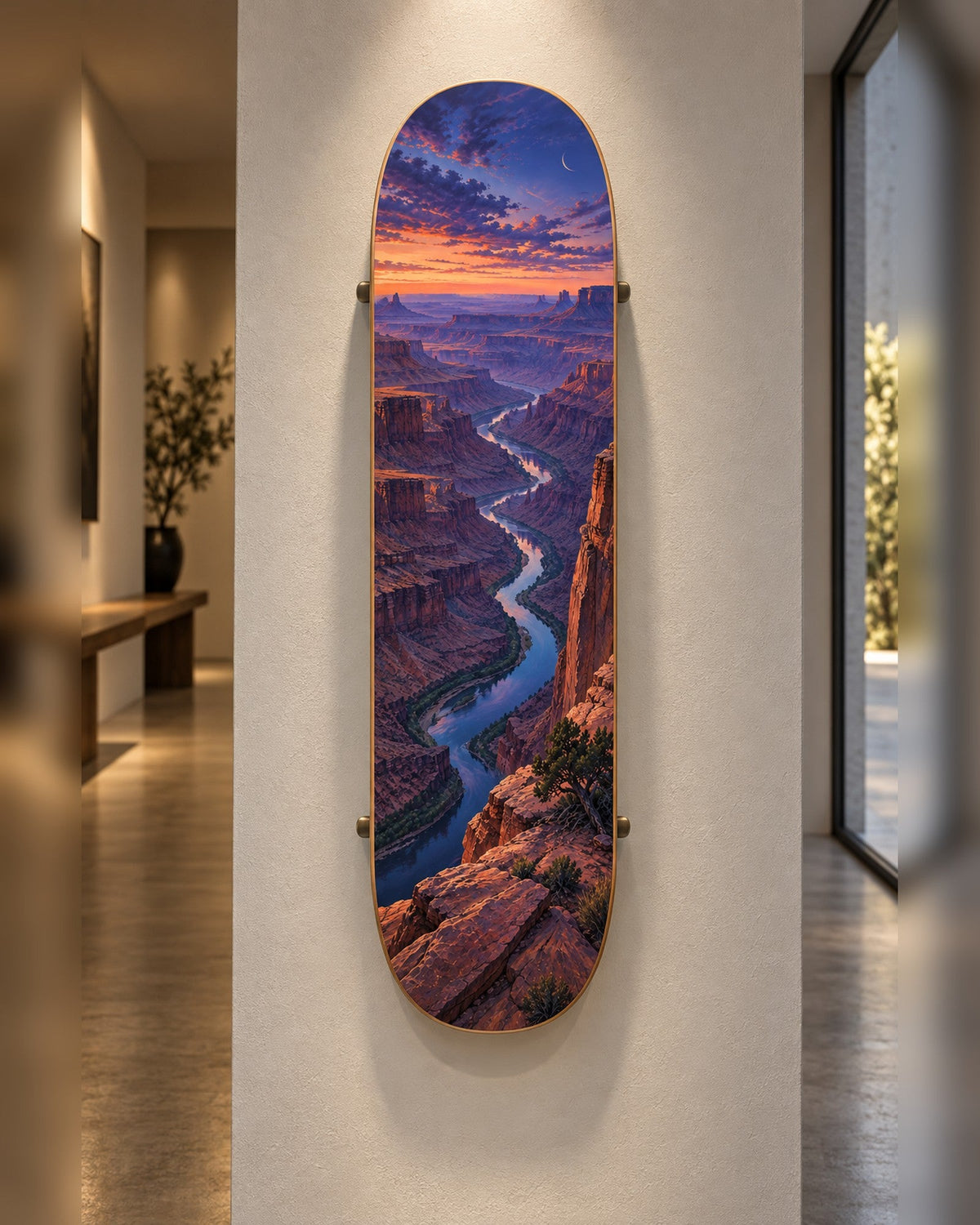 Canyon skateboard deck wall art hanging in a room
