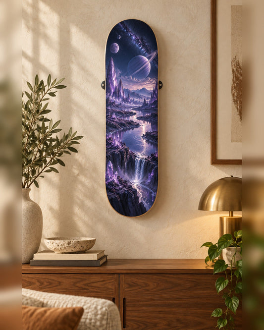 Crystal Planet skateboard deck wall art hanging in a room