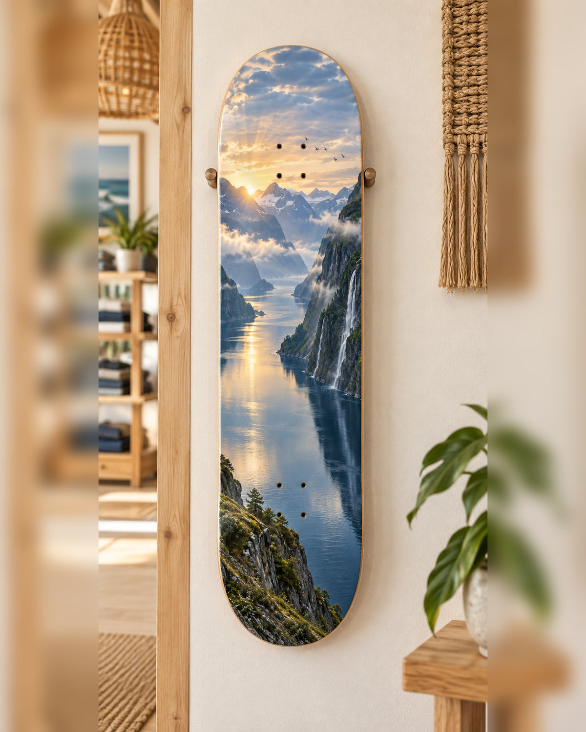 Fjord skateboard deck wall art hanging in a room