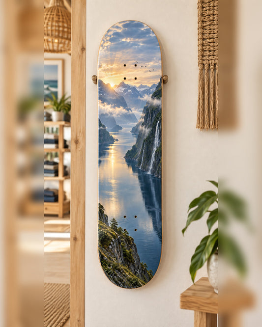 Fjord skateboard deck wall art hanging in a room