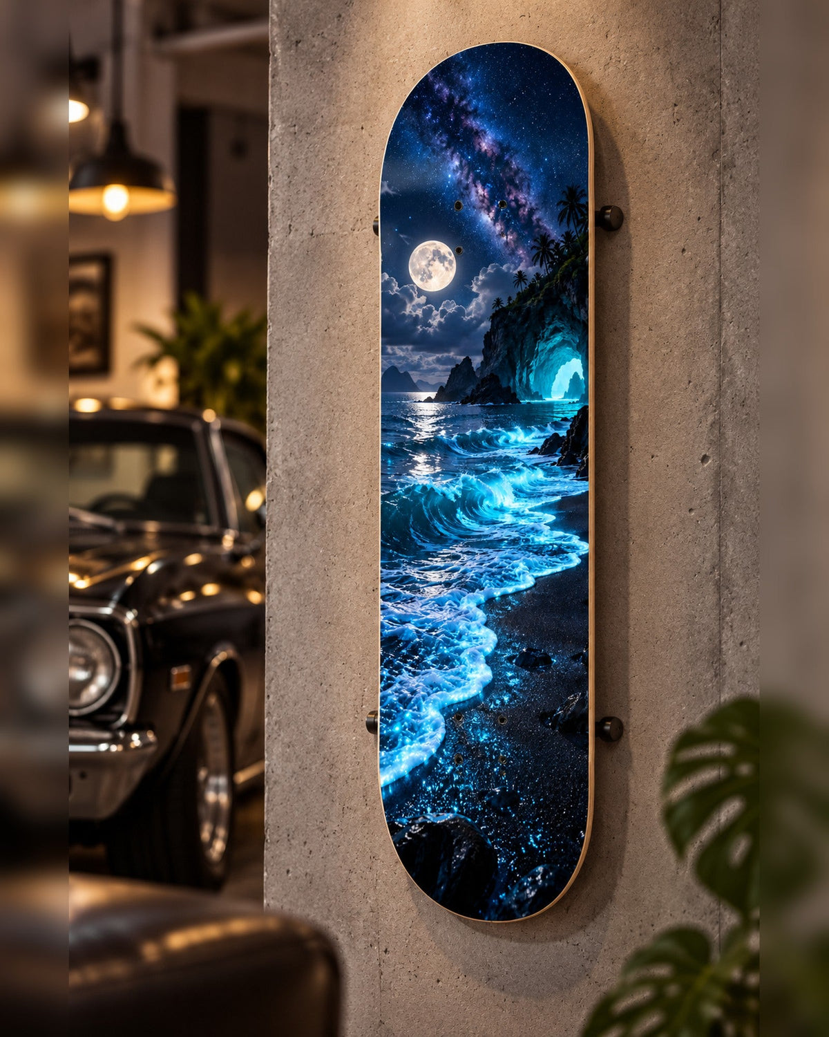 Glow Tide skateboard deck wall art hanging in a room